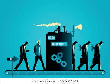 Businesss concept vector illustration of a corporate molding machine transforming men into robotic businessmen