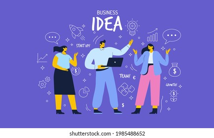 Businesss people characters develop creative business idea. Graphics design for posters, flyers and banners. Flat vector business illustration. 