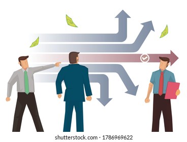 Businesss team looking for growth options, searching for the right path. Concept of growth, challenge or progress. Flat business vector illustration.