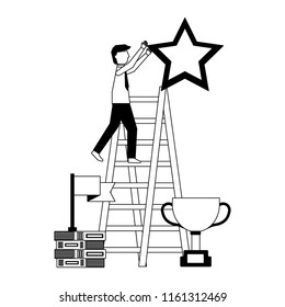 businesssman on stairs with star trophy and flag