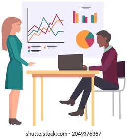 Businessteam have project strategy planning meeting. Teamwork with statistics analysis, discussion data report. Colleagues discussing work with business data. Successful project planning and analysing