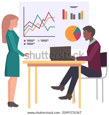 Businessteam have project strategy planning meeting. Teamwork with statistics analysis, discussion data report. Colleagues discussing work with business data. Successful project planning and analysing