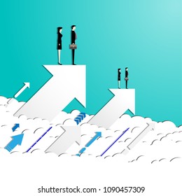 Businessteam standing on a flying arrows. Go to the success. Concept business illustration vector flat