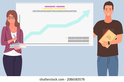 Businessteam stands in front of screen with chart, statistics. Office workers have creative idea for company finance development. Colleagues conduct analytics of statistical data, diagram on banner