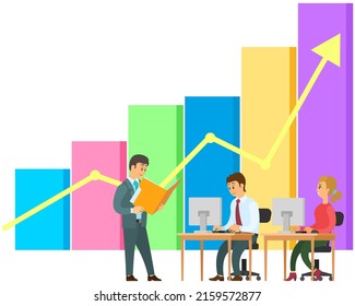Businessteam stands in front of screen with chart. Office employees brainstorming, have teamwork for company finance development. Colleagues conduct analytics of statistical data, diagram on banner