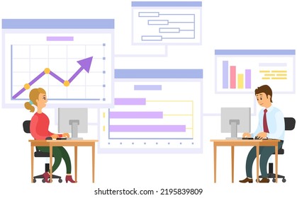 Businessteam stands in front of screen with chart. Office employees brainstorming, have teamwork for company finance development. Colleagues conduct analytics of statistical data, diagram on banner