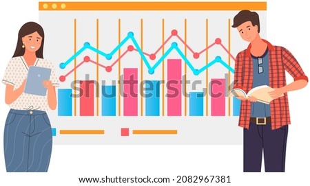 Businessteam stands in front of screen with chart, statistics. Office workers have creative idea for company finance development. Colleagues conduct analytics of statistical data, diagram on banner