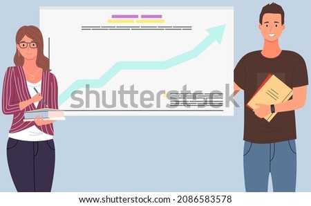Businessteam stands in front of screen with chart, statistics. Office workers have creative idea for company finance development. Colleagues conduct analytics of statistical data, diagram on banner