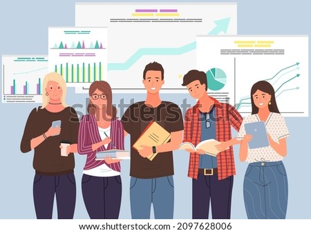 Businessteam stands in front of screen with chart. Office employees brainstorming, have teamwork for company finance development. Colleagues conduct analytics of statistical data, diagram on banner