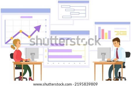 Businessteam stands in front of screen with chart. Office employees brainstorming, have teamwork for company finance development. Colleagues conduct analytics of statistical data, diagram on banner