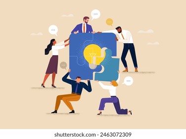 BusinessTeamwork concept. Contemporary flat style abstract vector illustration of diverse people in business suits putting together a puzzle with a burning light bulb. Isolated on background