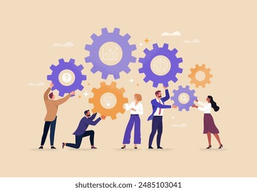 BusinessTeamwork concept. Contemporary flat style abstract vector illustration of a company of diverse people establishing a work process in the form of gears. Isolated on background