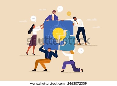 BusinessTeamwork concept. Contemporary flat style abstract vector illustration of diverse people in business suits putting together a puzzle with a burning light bulb. Isolated on background