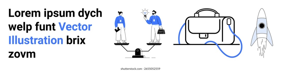 Elementos de negócios temáticos, incluindo dois indivíduos equilibrando ideias, uma pasta e um lançamento de foguete. Ideal para empresas, start-ups, trabalho em equipe, inovação, liderança, planejamento de negócios, marketing