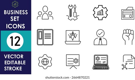 Business-themed vector icon set featuring 12 editable stroke line icons, including teamwork, tools, analytics, documents, leadership, settings, communication, and technology concepts