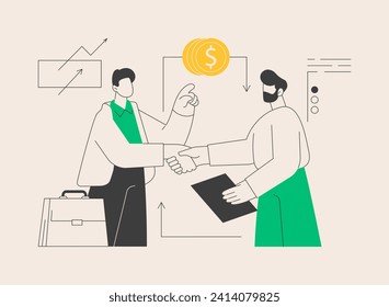 Ilustración vectorial de concepto abstracto de ventas de empresa a empresa. Método de venta B2B, tendencia de comercialización, comercio de empresa a empresa, prospección de mercado, suministros firma de metáfora abstracta de contrato.