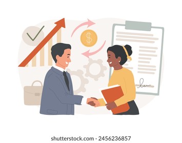 Ilustración vectorial de concepto aislada de ventas entre empresas. Método de ventas B2B, tendencia de marketing, comercio de empresa a empresa, prospección de mercado, suministros firmando el concepto de Vector de contrato.