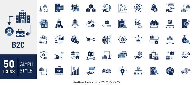 Business-to-consumer, B2C flat icon set. Business model, customer, service, selling, product, direct selling, retailer icon. Vector illustartion