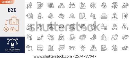 Business-to-consumer, B2C line icon set. Editable stroke. Business model, customer, service, selling, product, direct selling, retailer icon. Vector illustartion
