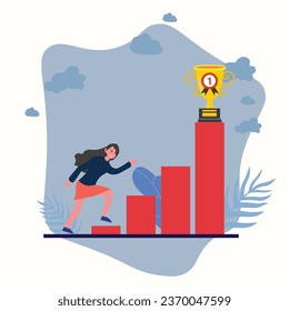 Businesswoman is about to reach to her goal , young woman standing with business award , female holding a victory trophy prize , Win contest Illustration