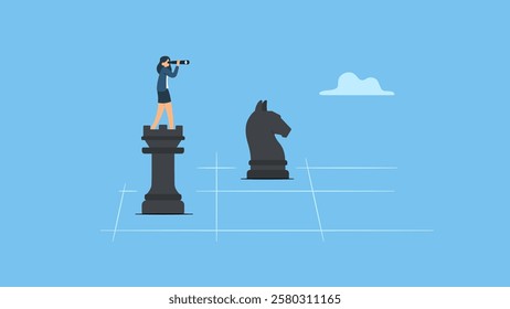 Businesswoman above chess pieces with binoculars to look ahead to see success strategy, plan ahead to win business competition, leadership vision or looking for opportunity, competitor analysis.