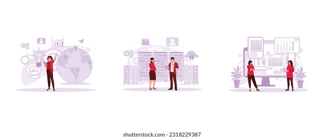 Businesswoman was accessing data on the internet using a smartphone. IT experts and server technicians stand out in the data centre area. Two women are standing on a big screen. Trend Modern vector