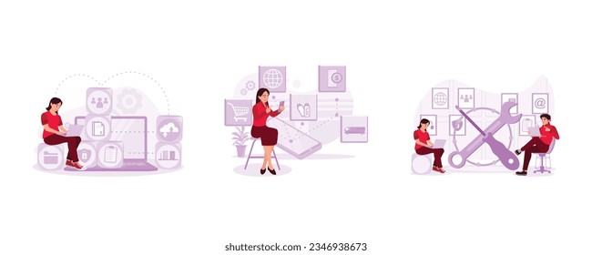 Businesswoman accessing the online database. A female employee accessing an online retail business omni channel. Technical support customer service technology internet business. 