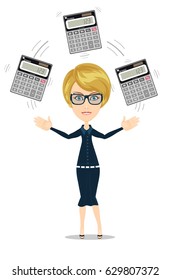 Businesswoman or accountant juggling calculators in his hands. Profit, finances concept. Vector, flat, illustration