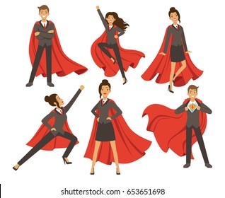 Businesswoman in action poses. Female superhero flying. Vector illustrations in cartoon style