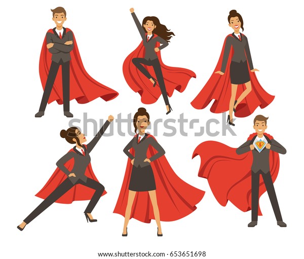 アクションポーズをとっているビジネスマン 女性のスーパーヒーローが飛行中 漫画風のベクターイラスト のベクター画像素材 ロイヤリティフリー 653651698