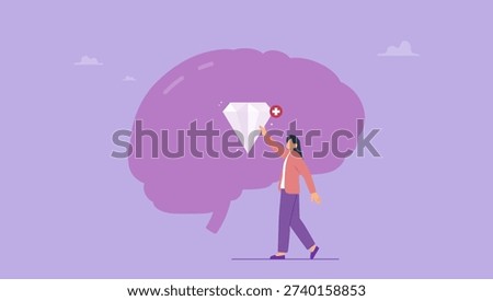 Businesswoman adding diamond inside big brain. Brilliant mind, building self confidence, personality development concept.