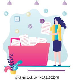 Businesswoman adds file to big folder. Female employee holds paper document. Concept of cloud, database and paperwork. User and data archive. Digital information organization. Flat vector illustration