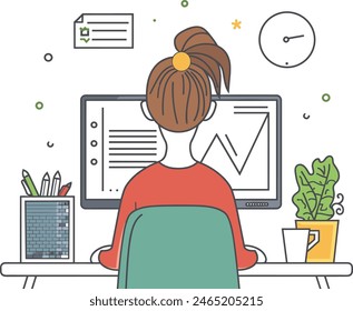 Businesswoman adjusting settings on a computer, technology configuration, software customization, device optimization. one continues line art vector illustration