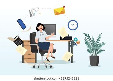 Businesswoman admin working at office desk administrator or assistant occupation, secretary or accountant professional, receptionist work with answer telephone, schedule calendar (Vector)