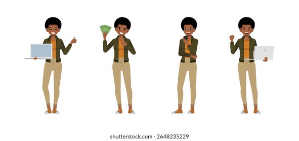Empresária com penteado afro vestindo jaqueta verde personagem vetor ilustração conjunto de design. Mulher trabalhando no escritório. Apresentação em várias ações.