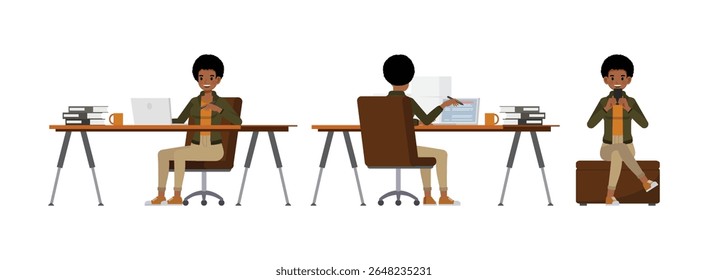 Empresária com penteado afro vestindo jaqueta verde personagem vetor ilustração conjunto de design. Mulher trabalhando no escritório. Apresentação em várias ações.