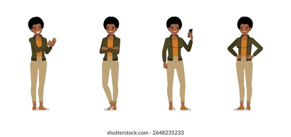 Empresária com penteado afro vestindo jaqueta verde personagem vetor ilustração conjunto de design. Mulher trabalhando no escritório. Apresentação em várias ações.