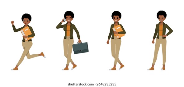 Empresária com penteado afro vestindo jaqueta verde personagem vetor ilustração conjunto de design. Mulher trabalhando no escritório. Apresentação em várias ações.
