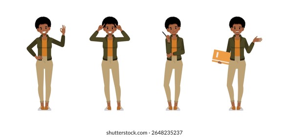 Empresária com penteado afro vestindo jaqueta verde personagem vetor ilustração conjunto de design. Mulher trabalhando no escritório. Apresentação em várias ações.