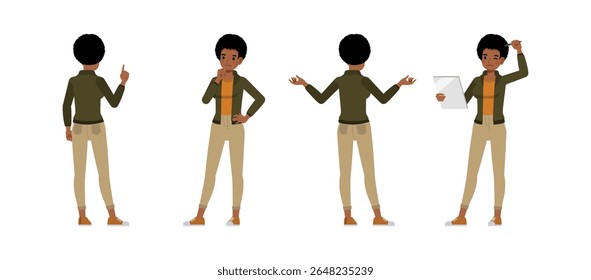 Empresária com penteado afro vestindo jaqueta verde personagem vetor ilustração conjunto de design. Mulher trabalhando no escritório. Apresentação em várias ações.