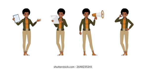 Empresária com penteado afro vestindo jaqueta verde personagem vetor ilustração conjunto de design. Mulher trabalhando no escritório. Apresentação em várias ações.