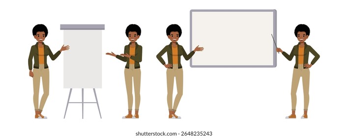 Empresária com penteado afro vestindo jaqueta verde personagem vetor ilustração conjunto de design. Mulher trabalhando no escritório. Apresentação em várias ações.