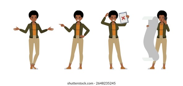 Empresária com penteado afro vestindo jaqueta verde personagem vetor ilustração conjunto de design. Mulher trabalhando no escritório. Apresentação em várias ações.