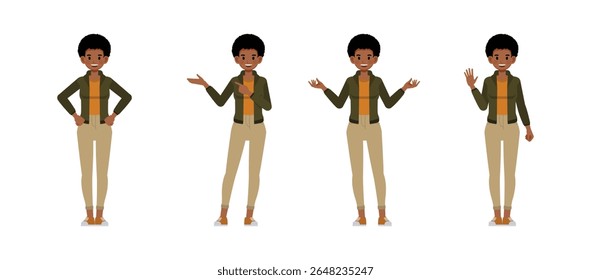 Empresária com penteado afro vestindo jaqueta verde personagem vetor ilustração conjunto de design. Mulher trabalhando no escritório. Apresentação em várias ações.
