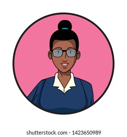 businesswoman afroamerican with glasses and bun avatar cartoon character profile picture portrait round icon vector illustration graphic design