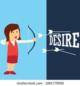 businesswoman aiming bow with arrow to target board as symbol of  business target. vector illustration