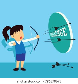 businesswoman aiming bow with arrow to target board as symbol of  business goal. vector illustration