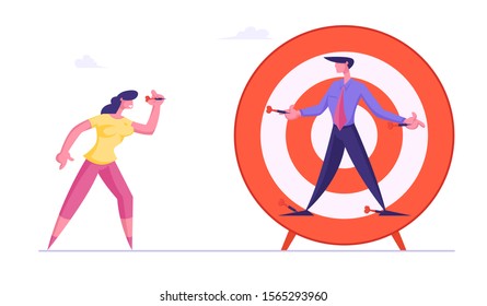 Businesswoman Aiming With Darts To Businessman Nailed To Huge Target. Unfair Fight Bulling Businesspeople Fighting For Leadership Competition Challenge Dirty Trick. Cartoon Flat Vector Illustration