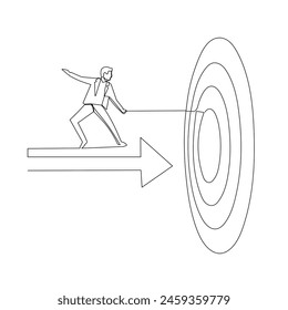 Businesswoman aiming at target. Continuous line drawing. Setting business target and goal. Vector illustration.
