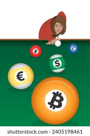 businesswoman aims to shoot billiard balls with different currency symbols on billiard table isolated on a white background svg